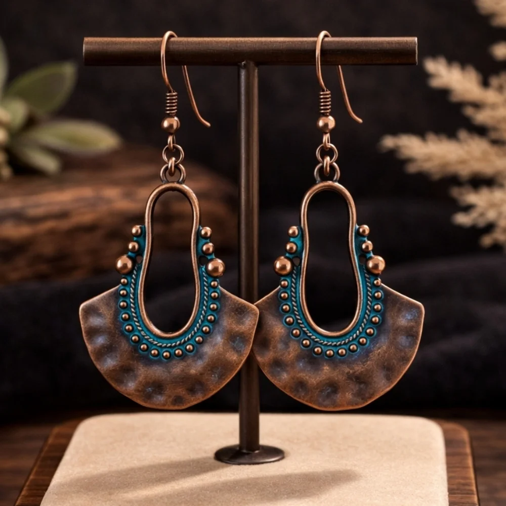Hammered Copper Verdigris Patina Drop Earrings